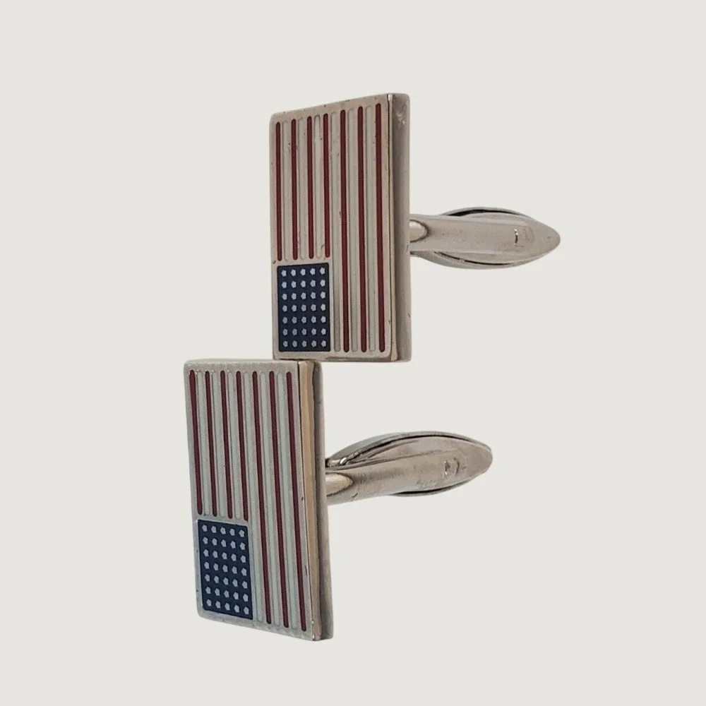 Mens American Flag Cufflinks Silver Tone Red White Blue Enamel Patriotic USA